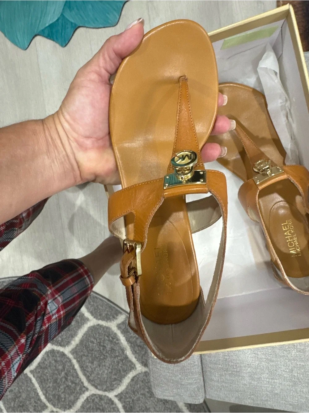 MICHAEL Michael Kors Tan Leather T-Strap Sandals with Gold MK Medallions